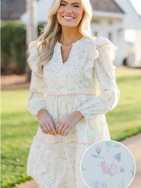 Pastel Floral Ruffle Long-Sleeve Dress in Cream and Pink
